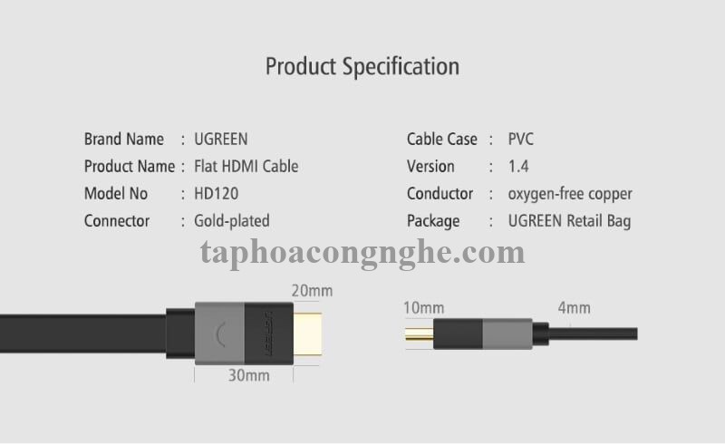 Ugreen 30114 10M màu Đen Cáp tín hiệu HDMI vỏ nhựa PVC cao cấp cáp dẹt HD120 30030114